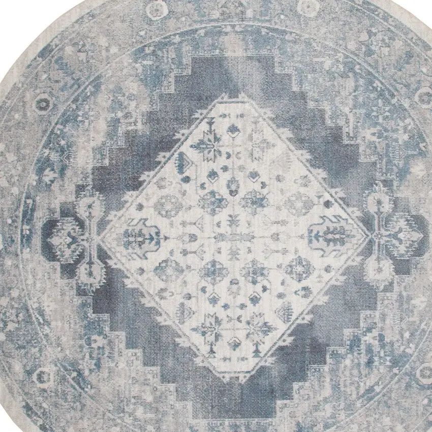 5' Charcoal Blue And Ivory Oriental Distressed Round Rug Photo 7