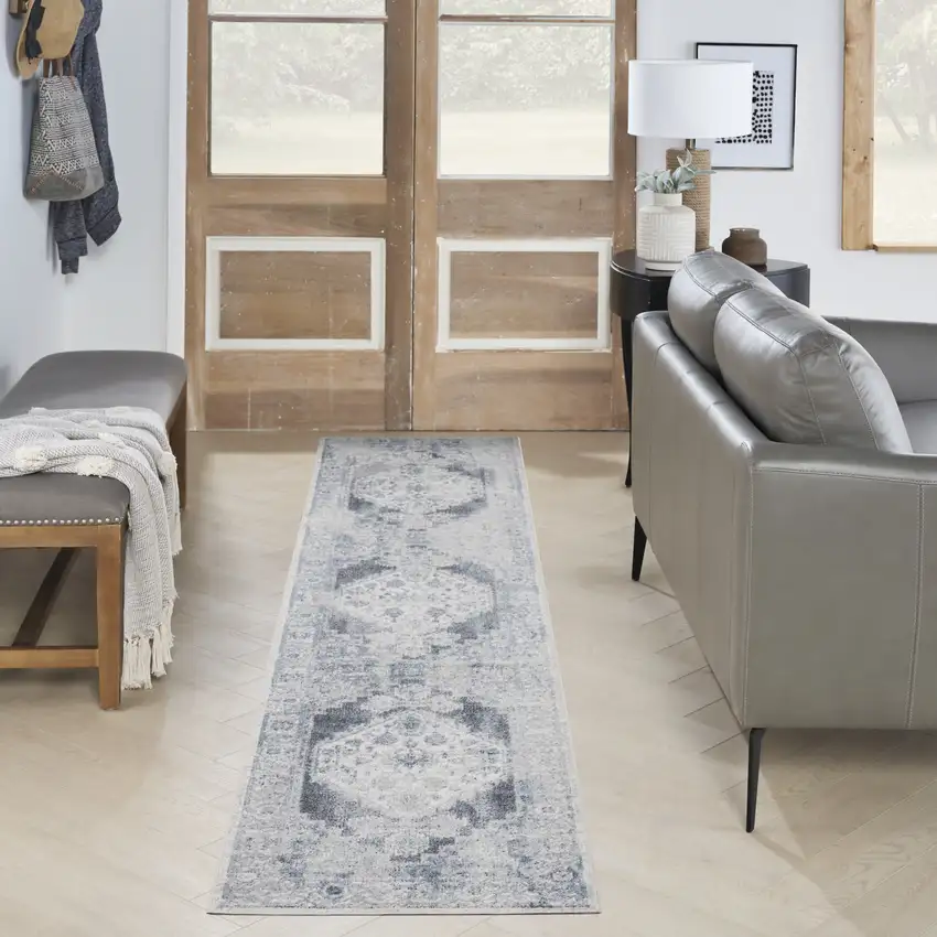 6' Charcoal Blue And Ivory Oriental Distressed Runner Rug Photo 5