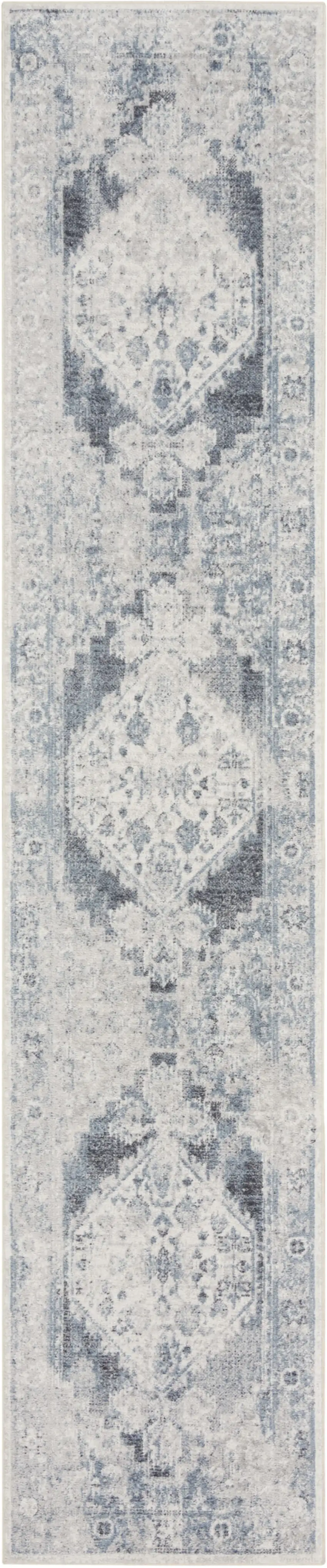 6' Charcoal Blue And Ivory Oriental Distressed Runner Rug Photo 2
