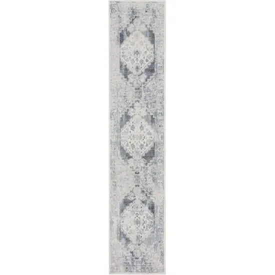 6' Charcoal Blue And Ivory Oriental Distressed Runner Rug Photo 2
