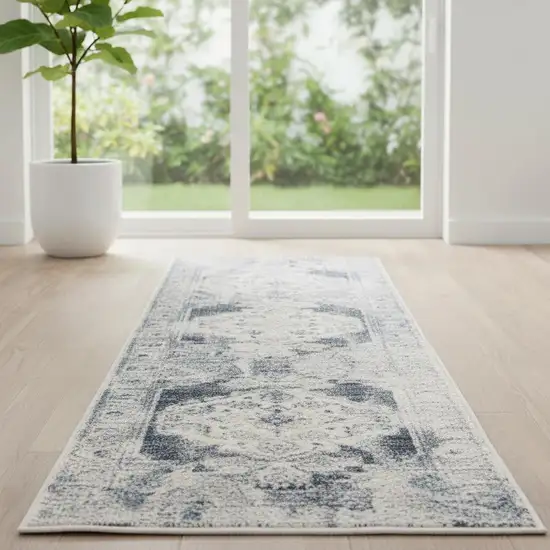 6' Charcoal Blue And Ivory Oriental Distressed Runner Rug Photo 1