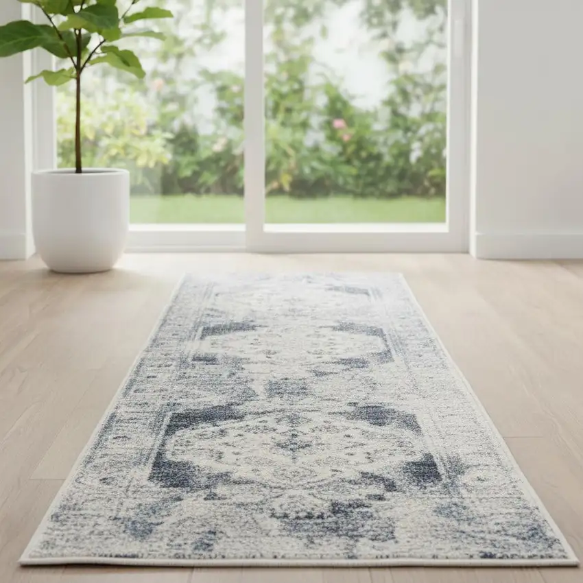 6' Charcoal Blue And Ivory Oriental Distressed Runner Rug Photo 1