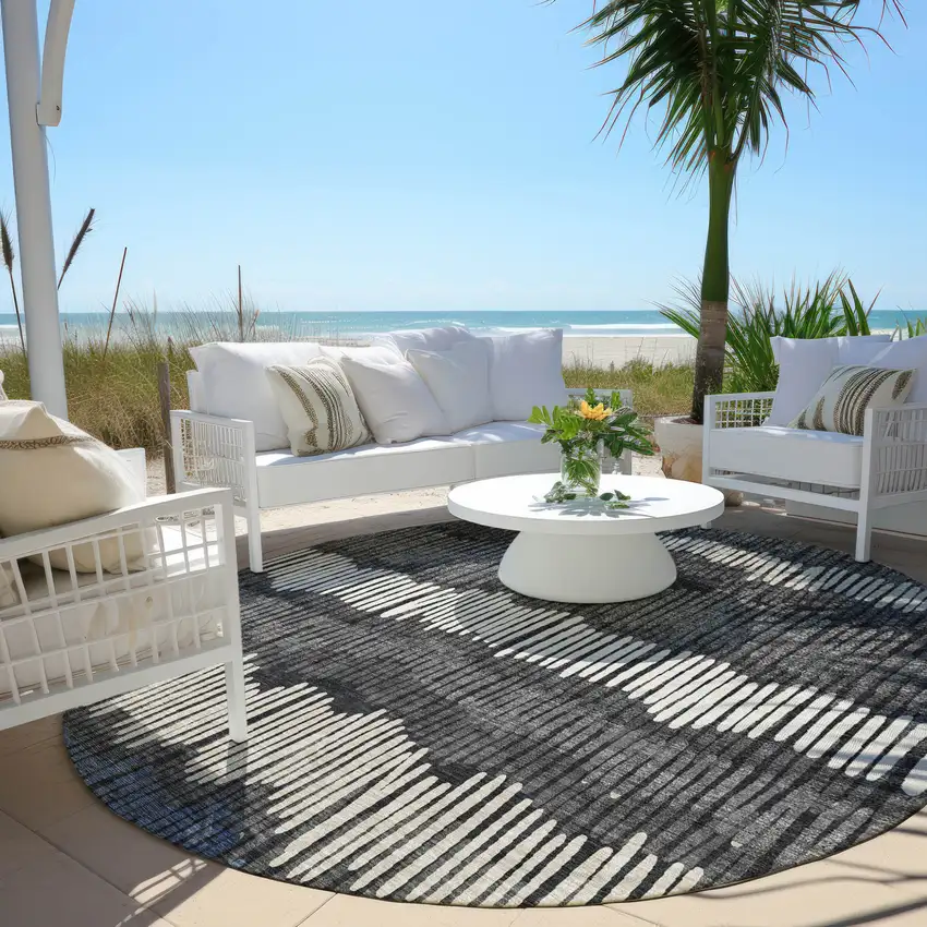 8' Charcoal Blue And Ivory Round Striped Washable Indoor Outdoor Area Rug Photo 6
