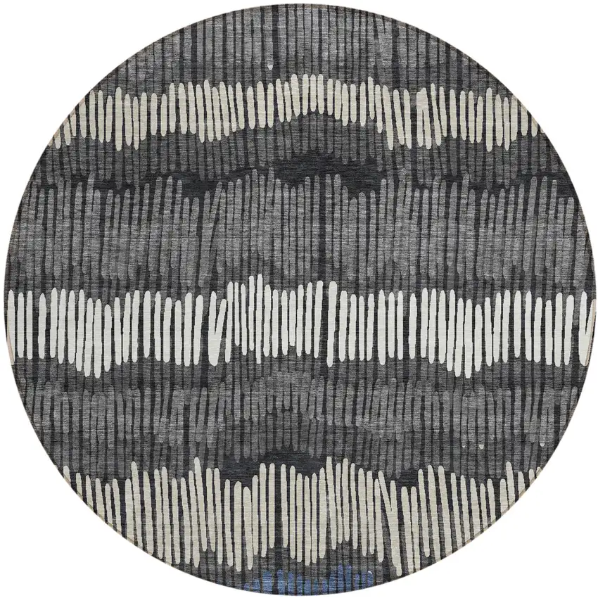 8' Charcoal Blue And Ivory Round Striped Washable Indoor Outdoor Area Rug Photo 2