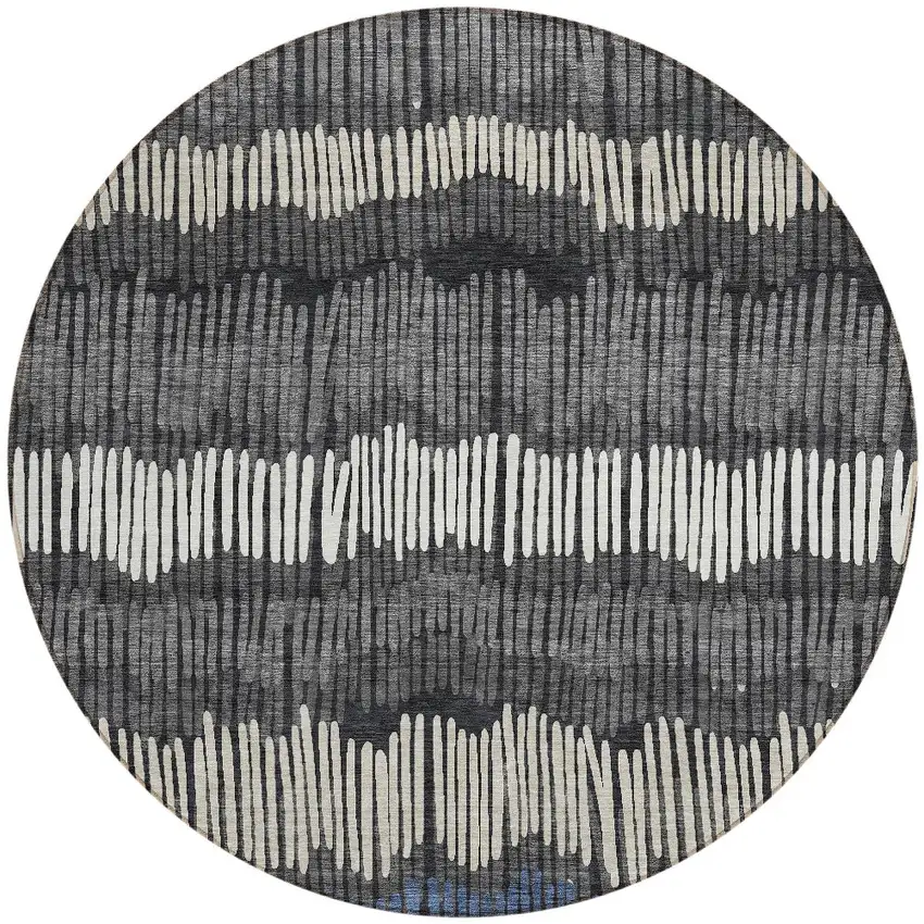 8' Charcoal Blue And Ivory Round Striped Washable Indoor Outdoor Area Rug Photo 4