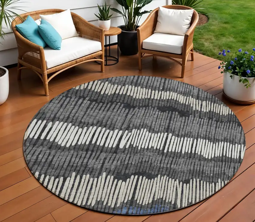 8' Charcoal Blue And Ivory Round Striped Washable Indoor Outdoor Area Rug Photo 1