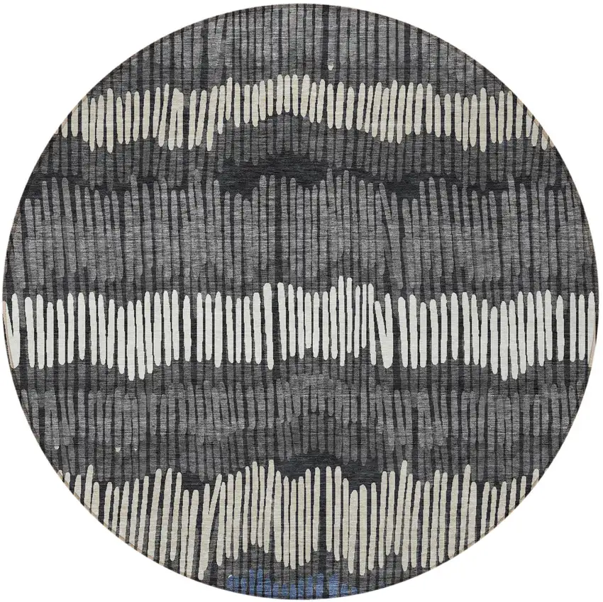 8' Charcoal Blue And Ivory Round Striped Washable Indoor Outdoor Area Rug Photo 5