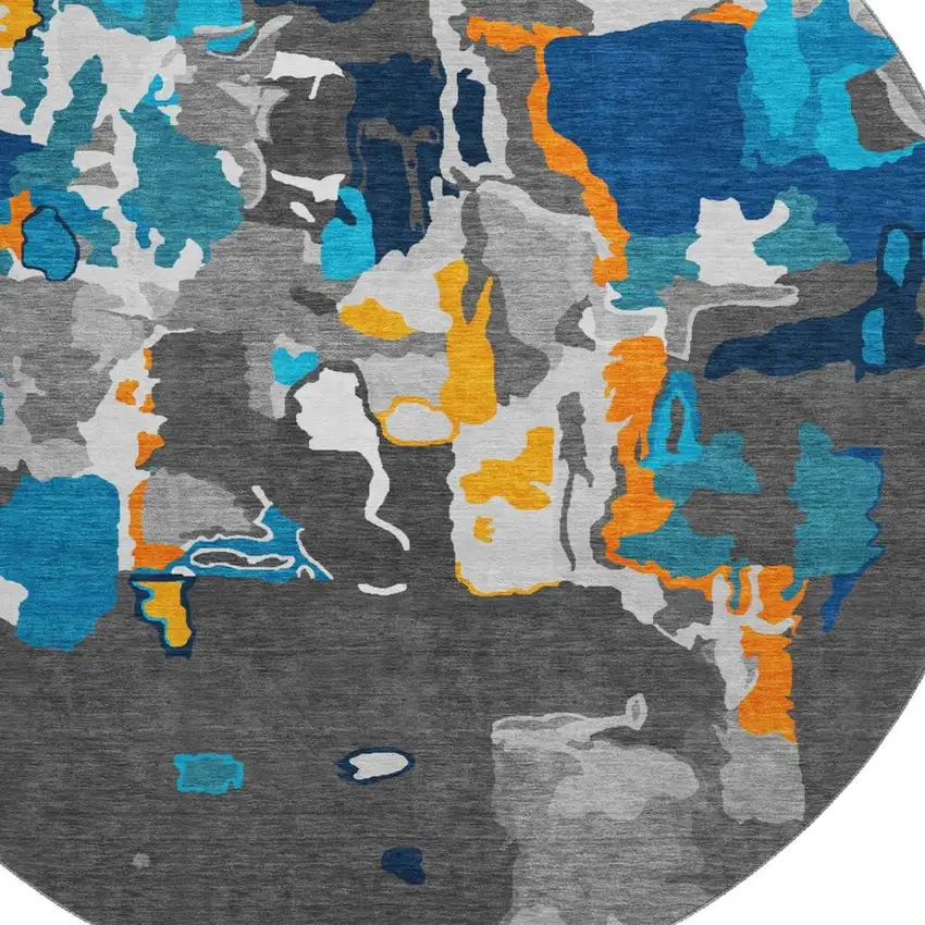 8' Charcoal Blue And Orange Abstract Washable Round Rug With UV Protection Photo 2