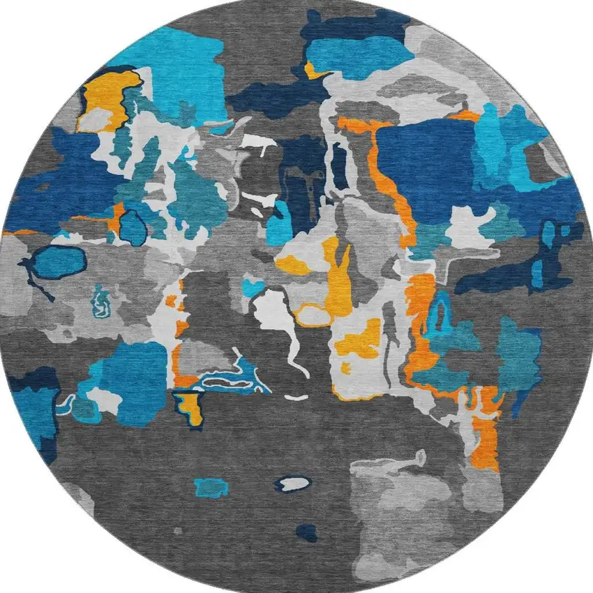 8' Charcoal Blue And Orange Abstract Washable Round Rug With UV Protection Photo 3