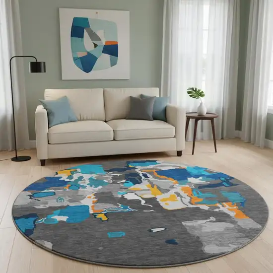8' Charcoal Blue And Orange Abstract Washable Round Rug With UV Protection Photo 2