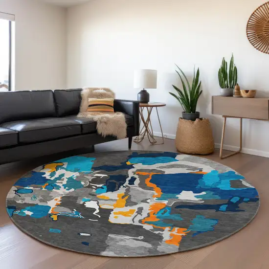 8' Charcoal Blue And Orange Abstract Washable Round Rug With UV Protection Photo 4