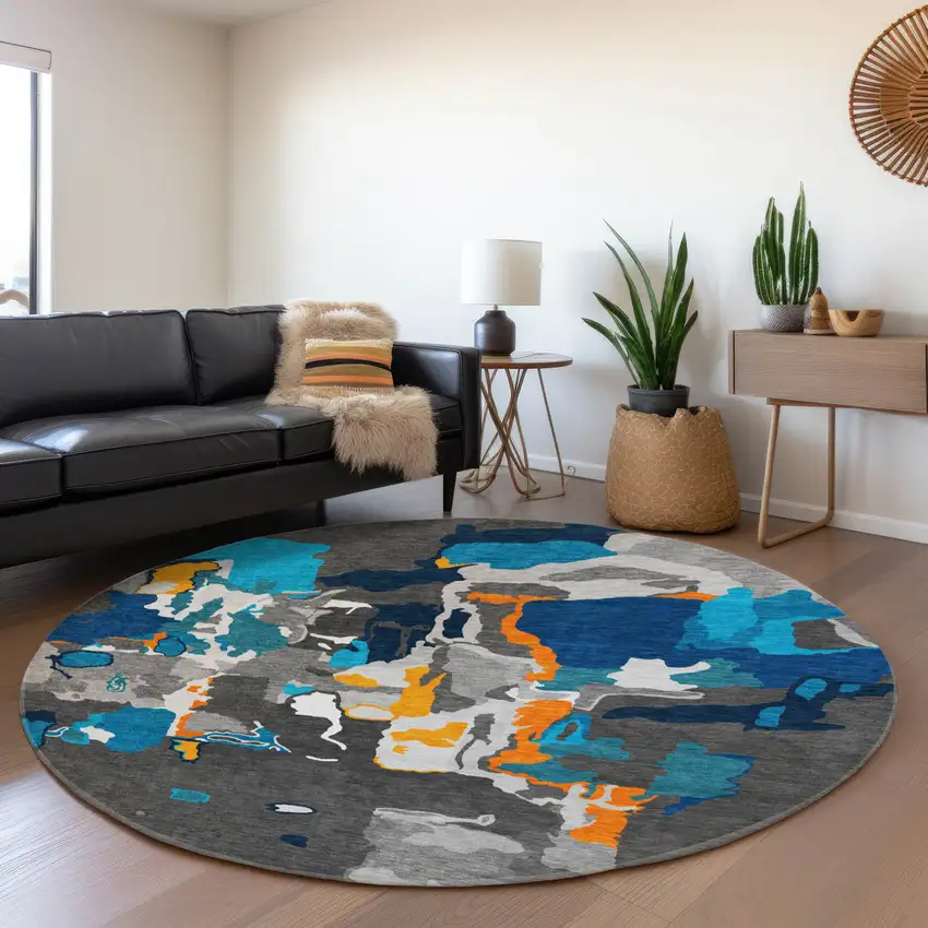8' Charcoal Blue And Orange Abstract Washable Round Rug With UV Protection Photo 4