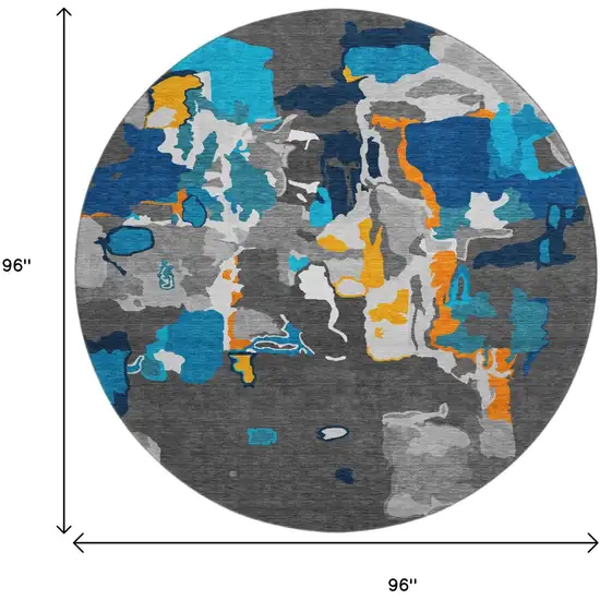 8' Charcoal Blue And Orange Abstract Washable Round Rug With UV Protection Photo 9