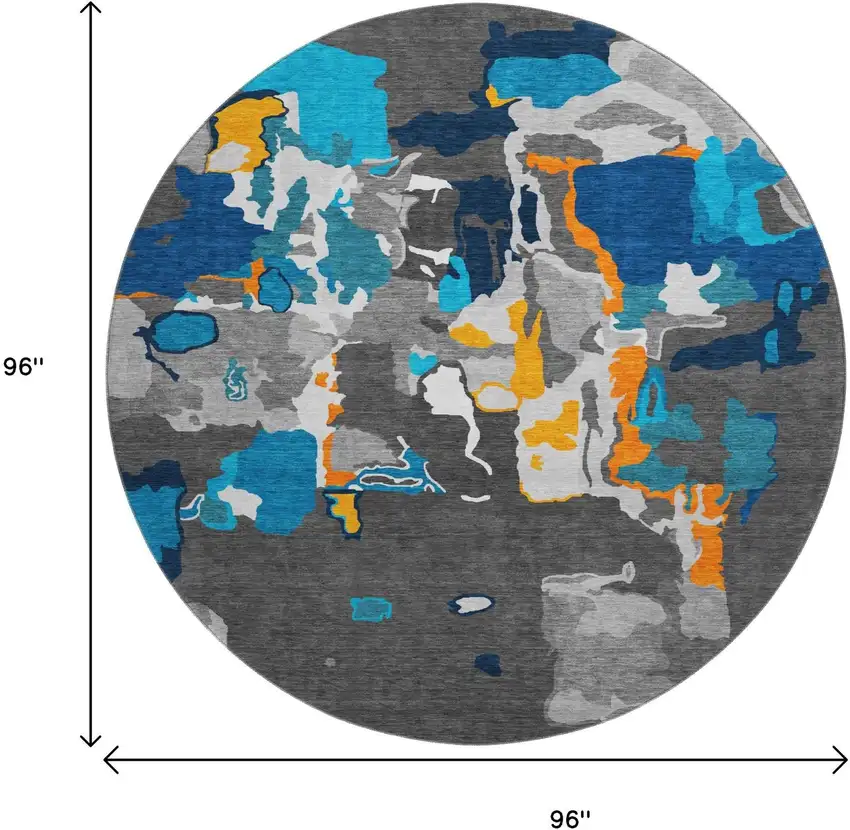 8' Charcoal Blue And Orange Abstract Washable Round Rug With UV Protection Photo 9