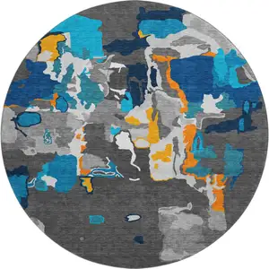 Photo of 8' Charcoal Blue And Orange Abstract Washable Round Rug With UV Protection
