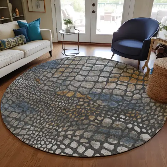 8' Charcoal Brown And Copper Round Abstract Washable Indoor Outdoor Area Rug Photo 9