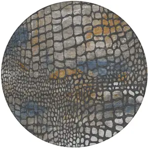 Photo of 8' Charcoal Brown And Copper Round Abstract Washable Indoor Outdoor Area Rug