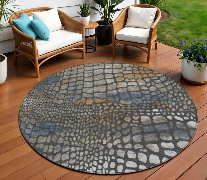 8' Charcoal Brown And Copper Round Abstract Washable Indoor Outdoor Area Rug Photo 1