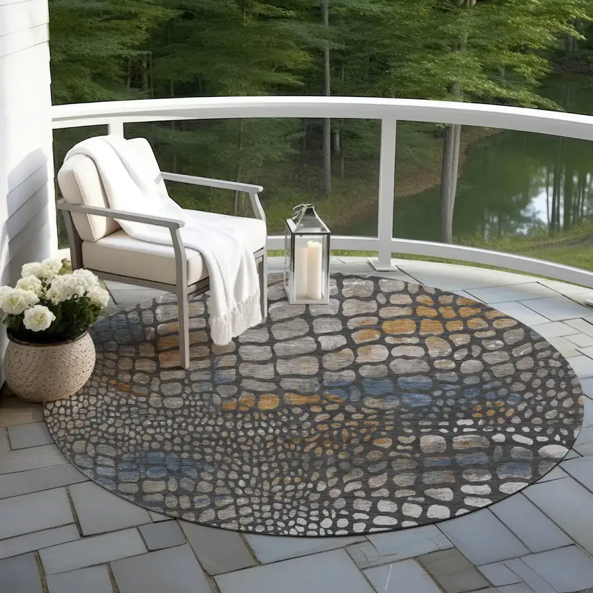 8' Charcoal Brown And Copper Round Abstract Washable Indoor Outdoor Area Rug Photo 8