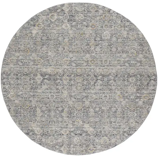 8' Charcoal Brown And Ivory Floral Distressed Round Rug With Fringe Photo 2
