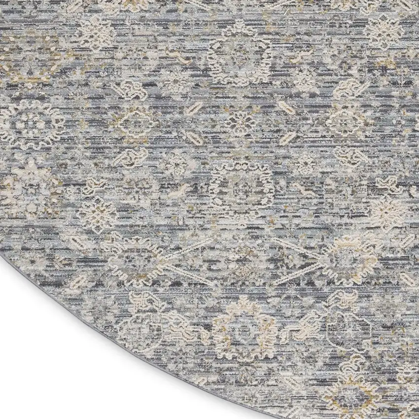 8' Charcoal Brown And Ivory Floral Distressed Round Rug With Fringe Photo 9