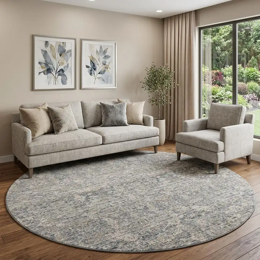 8' Charcoal Brown And Ivory Floral Distressed Round Rug With Fringe Photo 1