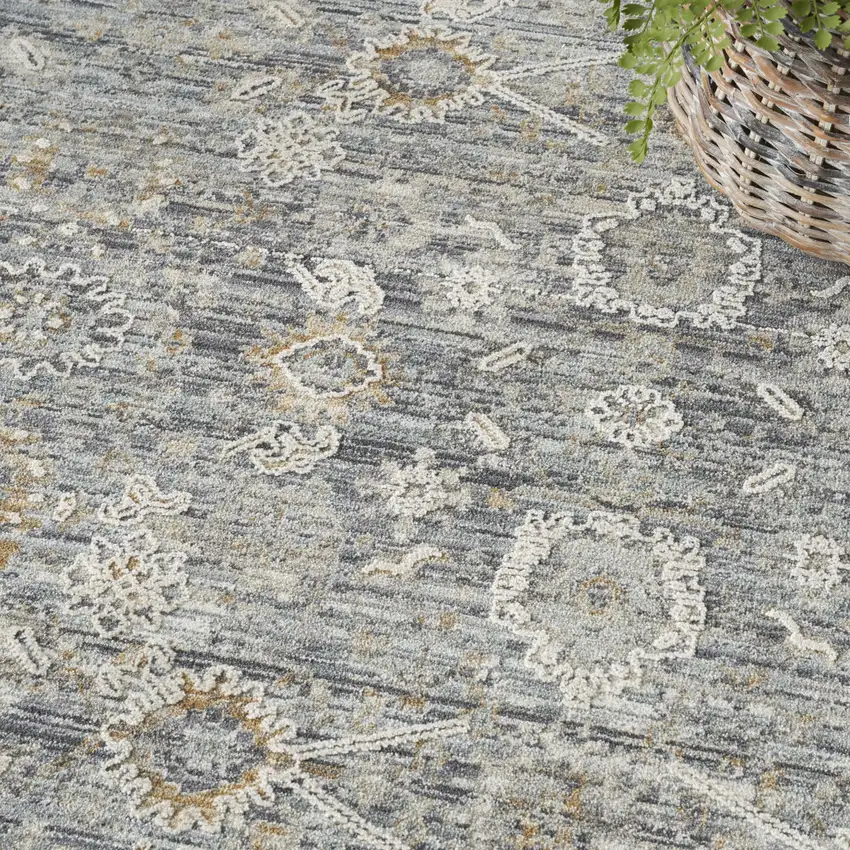 8' Charcoal Brown And Ivory Floral Distressed Round Rug With Fringe Photo 8