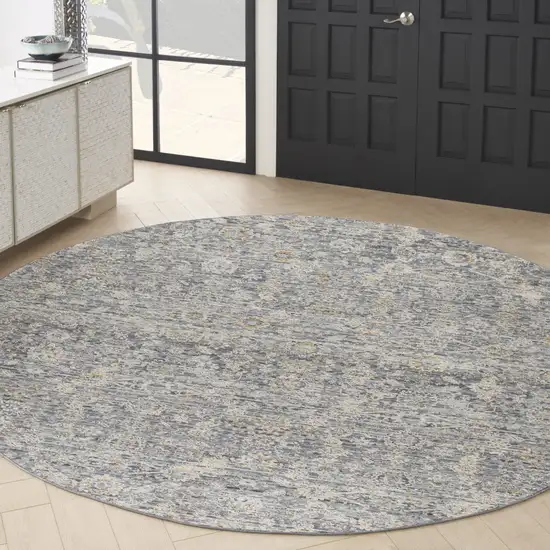 8' Charcoal Brown And Ivory Floral Distressed Round Rug With Fringe Photo 5