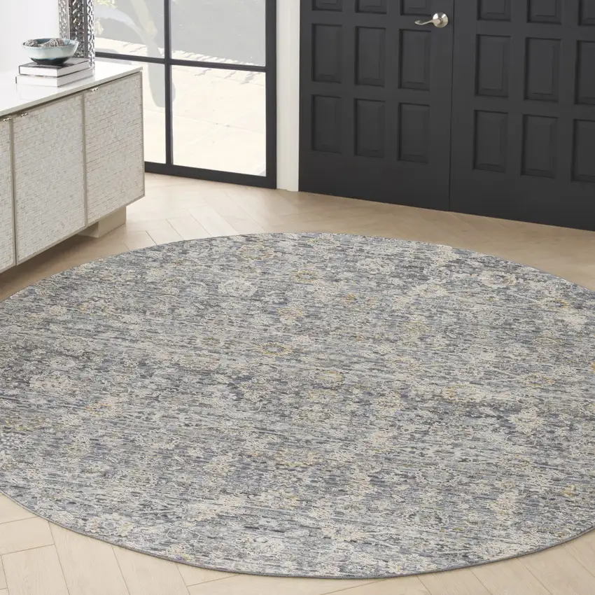 8' Charcoal Brown And Ivory Floral Distressed Round Rug With Fringe Photo 5