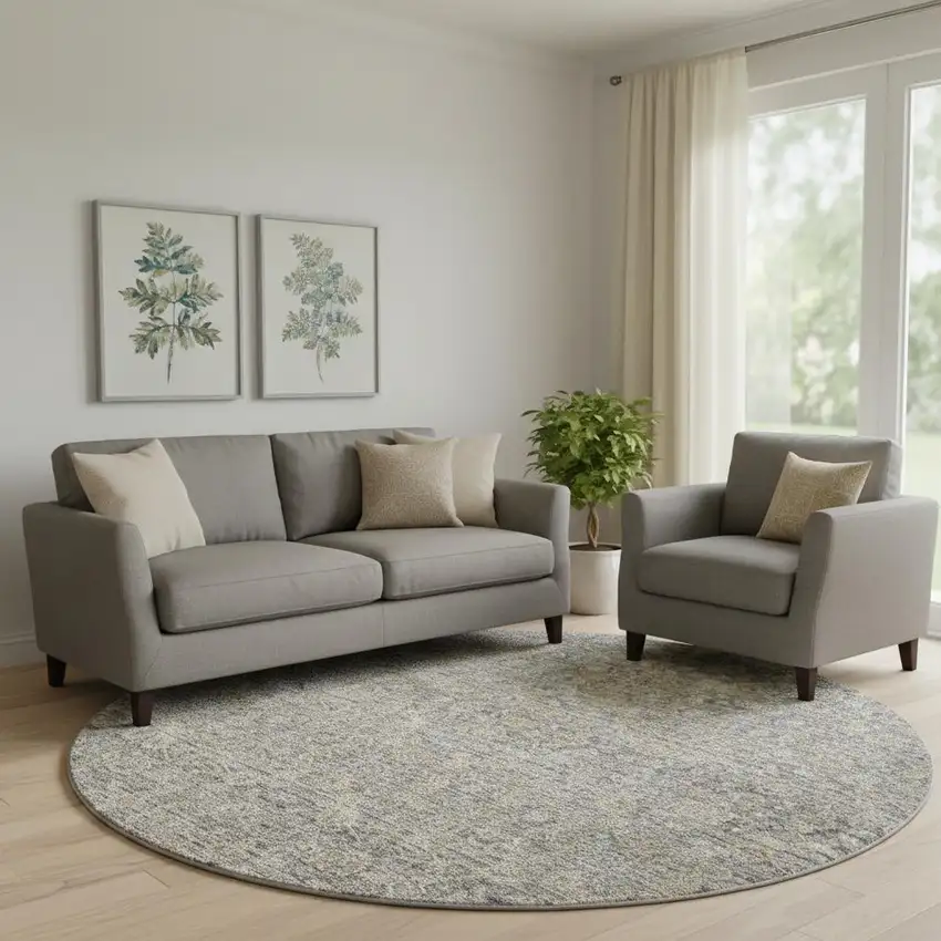 8' Charcoal Brown And Ivory Floral Distressed Round Rug With Fringe Photo 1