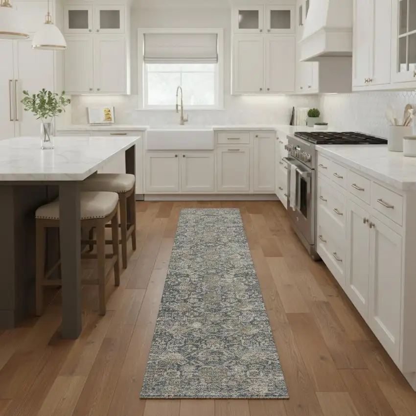 8' Charcoal Brown And Ivory Floral Distressed Runner Rug With Fringe Photo 1