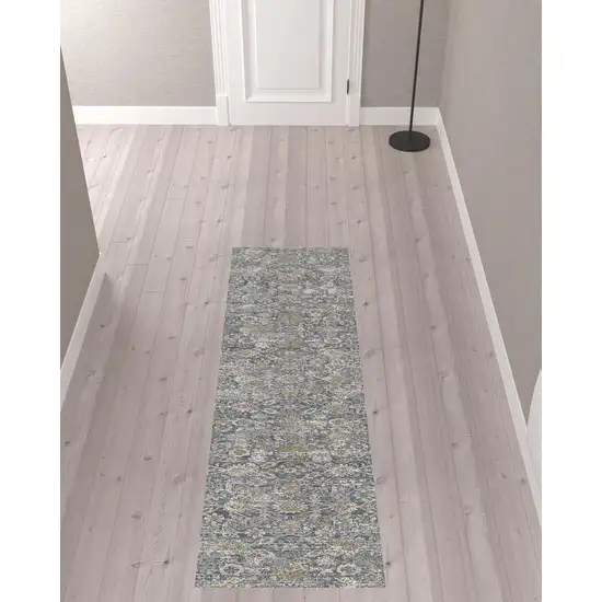 8' Charcoal Brown And Ivory Floral Distressed Runner Rug With Fringe Photo 1