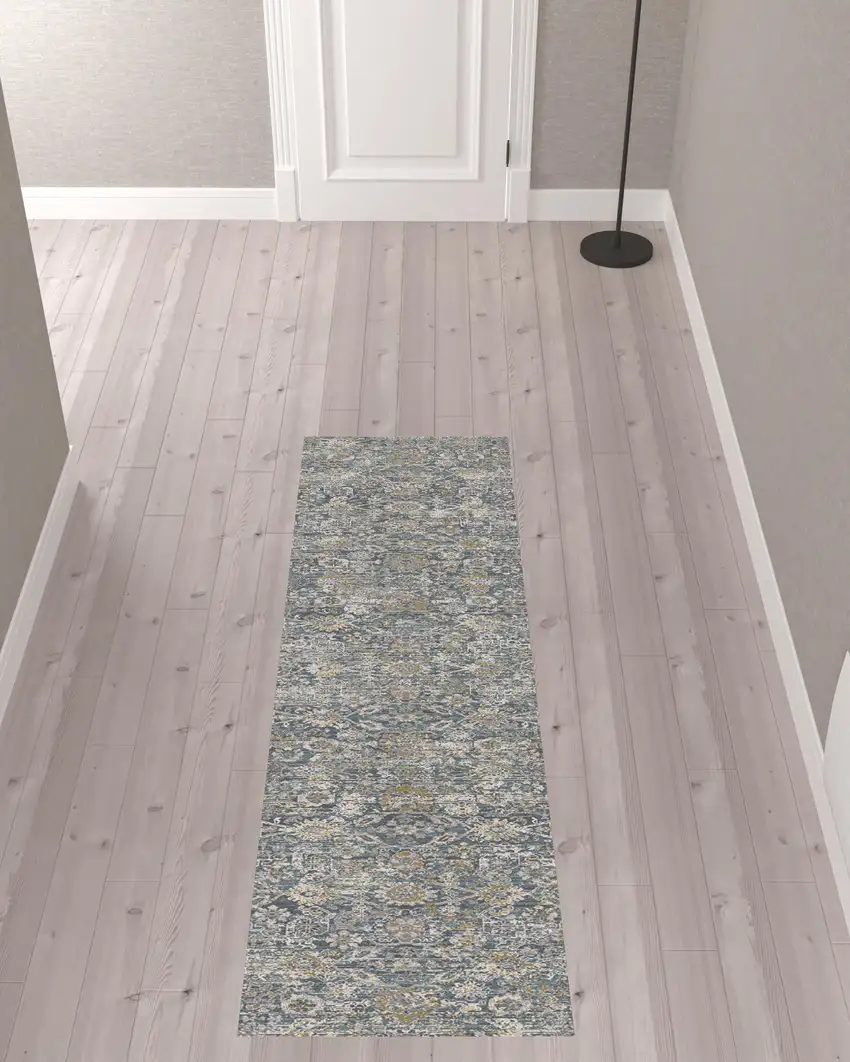 8' Charcoal Brown And Ivory Floral Distressed Runner Rug With Fringe Photo 1