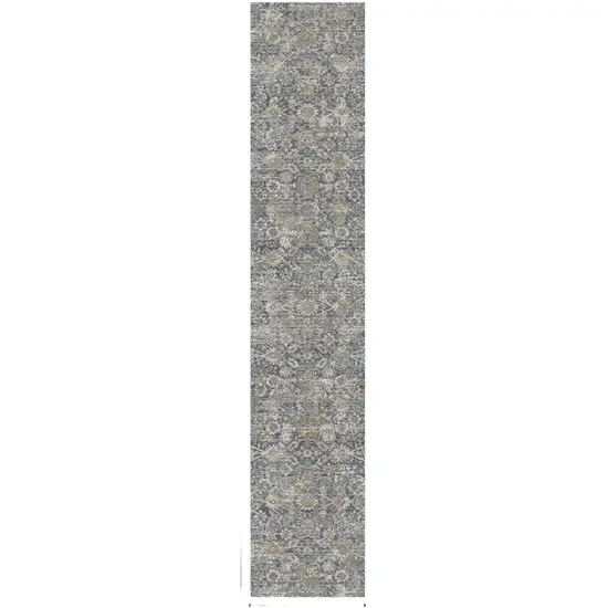8' Charcoal Brown And Ivory Floral Distressed Runner Rug With Fringe Photo 2