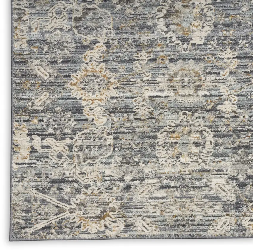 10' Charcoal Brown And Ivory Floral Distressed Runner Rug With Fringe Photo 9