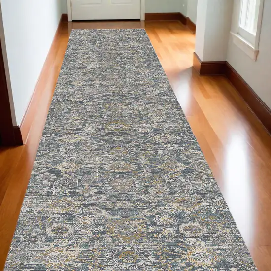 10' Charcoal Brown And Ivory Floral Distressed Runner Rug With Fringe Photo 1