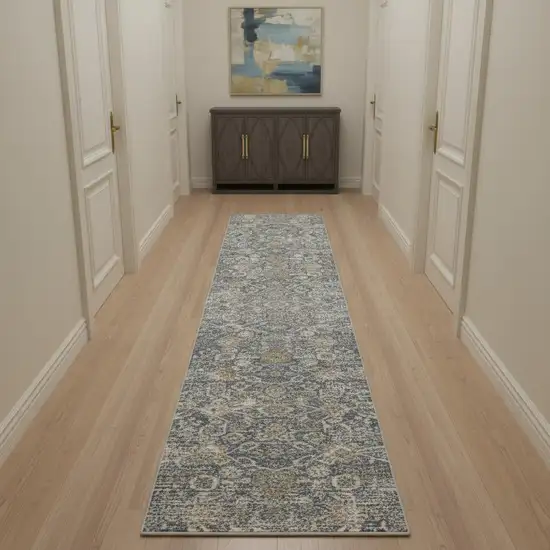 10' Charcoal Brown And Ivory Floral Distressed Runner Rug With Fringe Photo 1