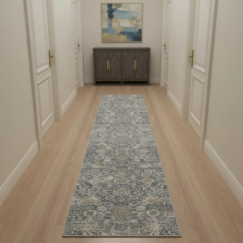 10' Charcoal Brown And Ivory Floral Distressed Runner Rug With Fringe Photo 1