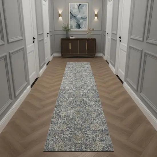 12' Charcoal Brown And Ivory Floral Distressed Runner Rug With Fringe Photo 1