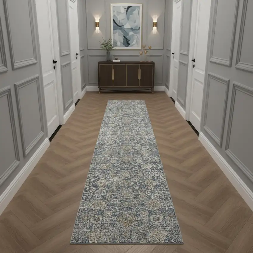 12' Charcoal Brown And Ivory Floral Distressed Runner Rug With Fringe Photo 1