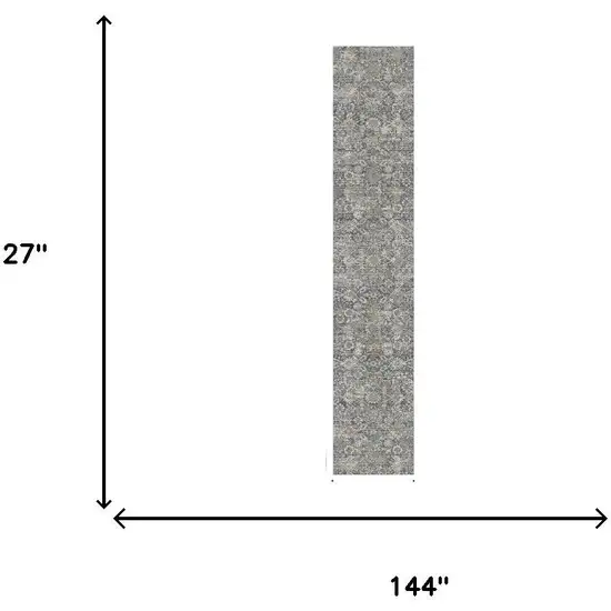 12' Charcoal Brown And Ivory Floral Distressed Runner Rug With Fringe Photo 3