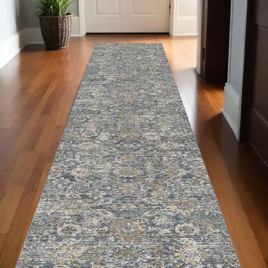 12' Charcoal Brown And Ivory Floral Distressed Runner Rug With Fringe Photo 1