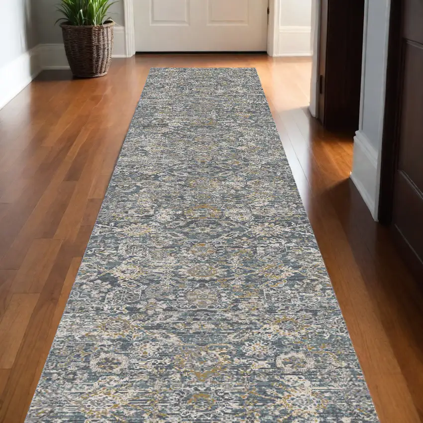 12' Charcoal Brown And Ivory Floral Distressed Runner Rug With Fringe Photo 1