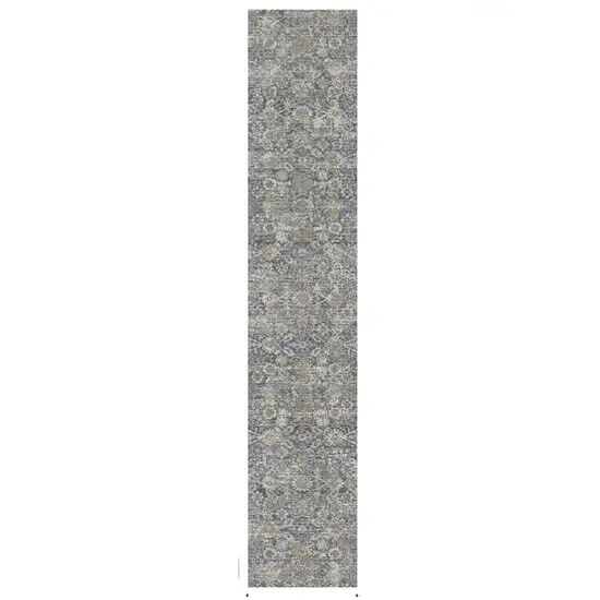 12' Charcoal Brown And Ivory Floral Distressed Runner Rug With Fringe Photo 2