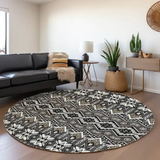8' Charcoal Brown And Ivory Round Moroccan Washable Indoor Outdoor Area Rug Photo 7