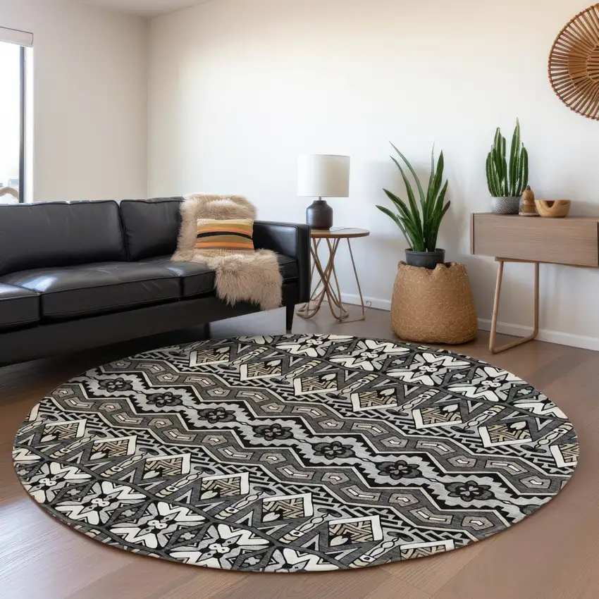 8' Charcoal Brown And Ivory Round Moroccan Washable Indoor Outdoor Area Rug Photo 7