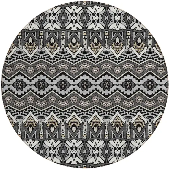 8' Charcoal Brown And Ivory Round Moroccan Washable Indoor Outdoor Area Rug Photo 2