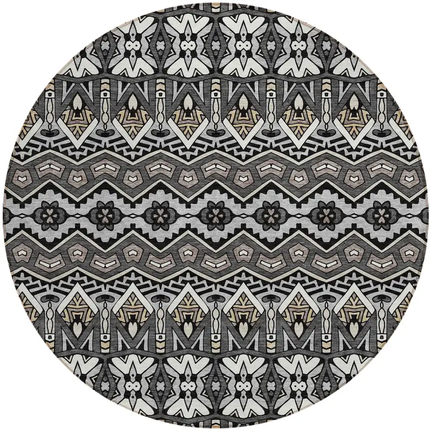 8' Charcoal Brown And Ivory Round Moroccan Washable Indoor Outdoor Area Rug Photo 2
