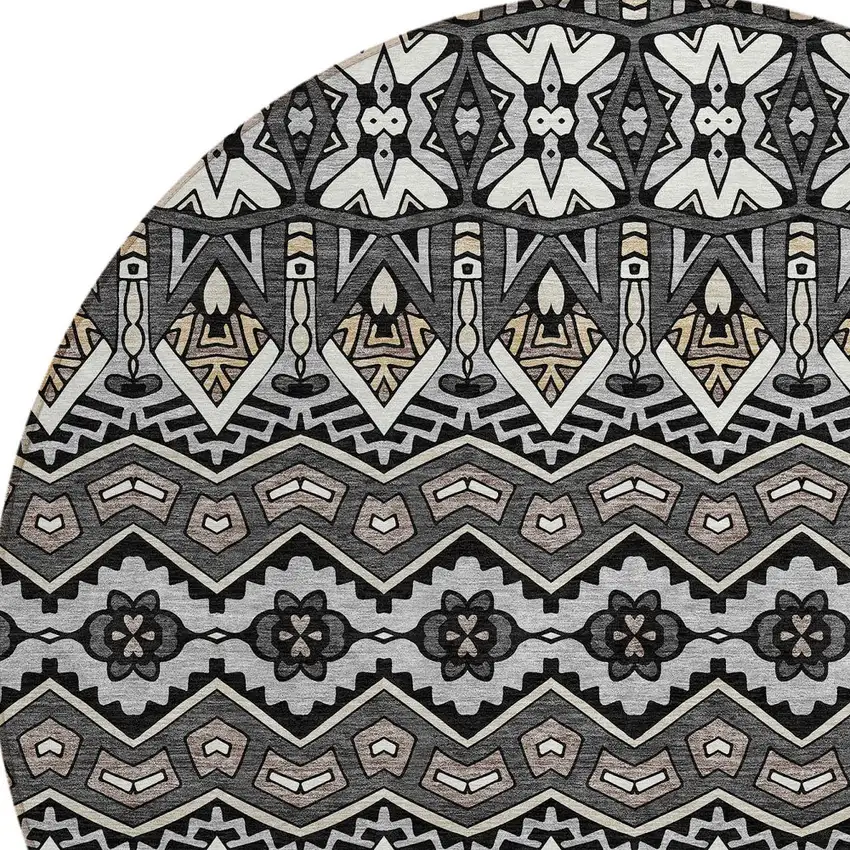 8' Charcoal Brown And Ivory Round Moroccan Washable Indoor Outdoor Area Rug Photo 5