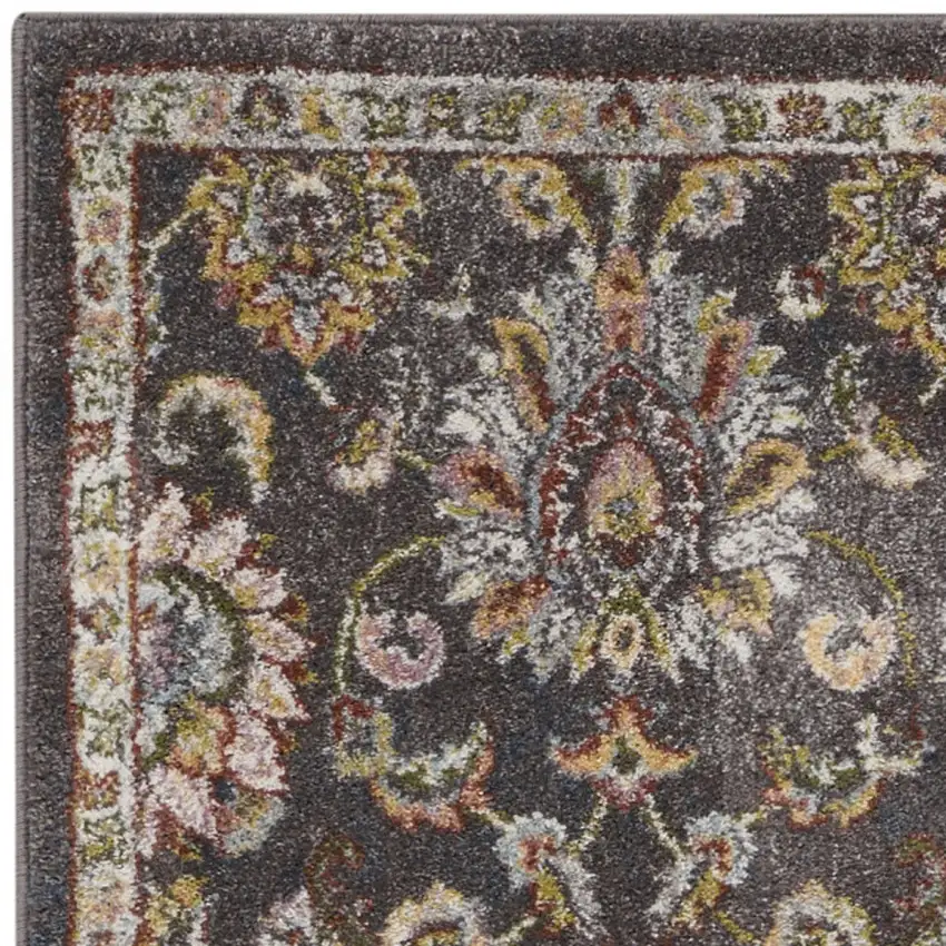 8' Charcoal Brown and Yellow Floral Distressed Runner Rug Photo 8